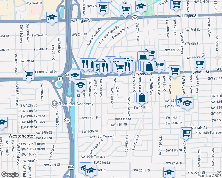 map of restaurants, bars, coffee shops, grocery stores, and more near 1000 Southwest 73rd Court in Miami