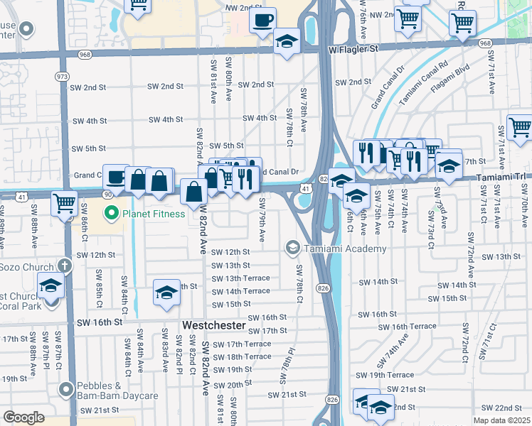 map of restaurants, bars, coffee shops, grocery stores, and more near 901 Southwest 79th Avenue in Miami
