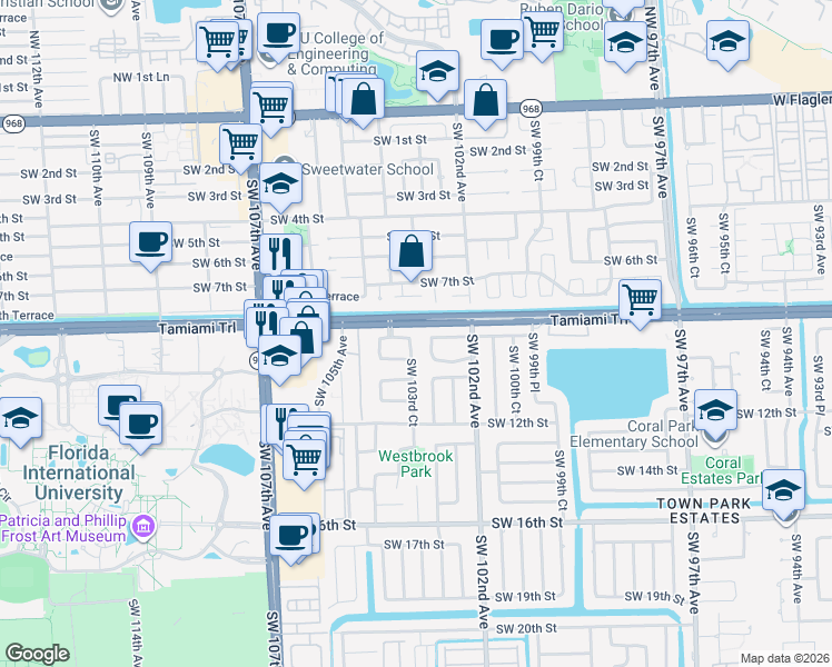 map of restaurants, bars, coffee shops, grocery stores, and more near 821 Southwest 103rd Court in Miami