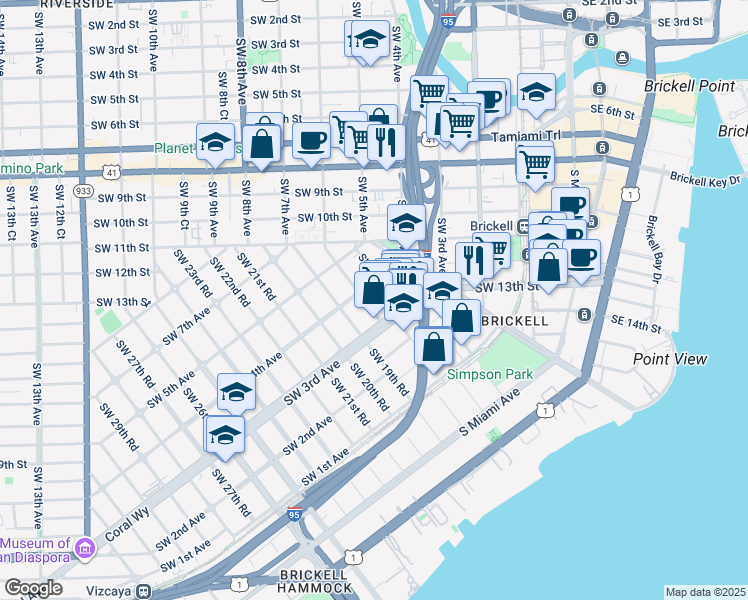map of restaurants, bars, coffee shops, grocery stores, and more near 351 Southwest 18th Terrace in Miami