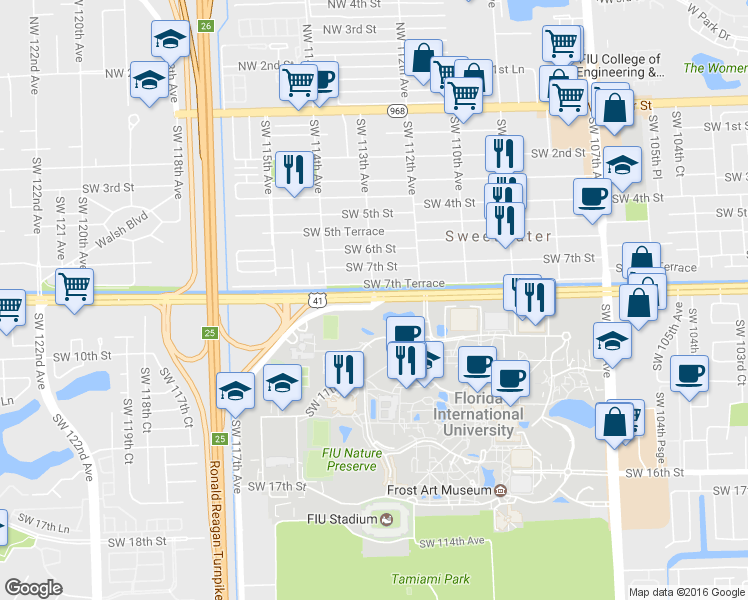 map of restaurants, bars, coffee shops, grocery stores, and more near 11390 SW 8th St in Miami