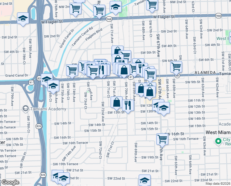 map of restaurants, bars, coffee shops, grocery stores, and more near 943 Southwest 71st Avenue in Miami