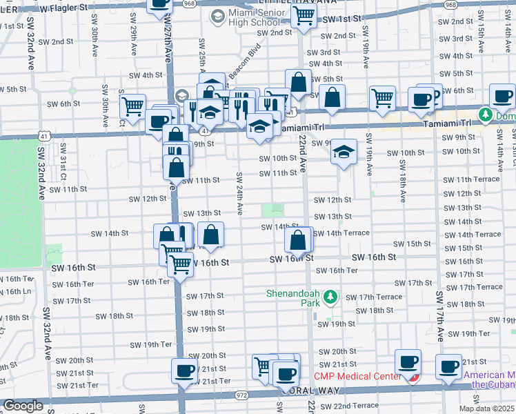 map of restaurants, bars, coffee shops, grocery stores, and more near 1200 Southwest 23rd Court in Miami