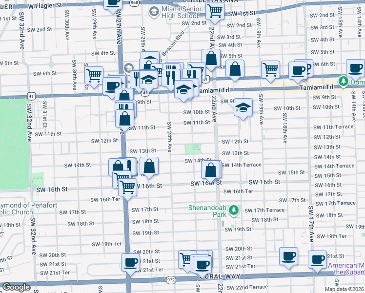 map of restaurants, bars, coffee shops, grocery stores, and more near 1200 Southwest 23rd Court in Miami