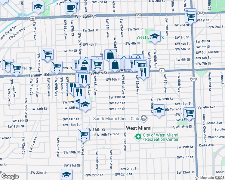 map of restaurants, bars, coffee shops, grocery stores, and more near 6375 Southwest 10th Terrace in West Miami