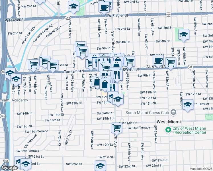 map of restaurants, bars, coffee shops, grocery stores, and more near 1020 Southwest 67th Avenue in Miami