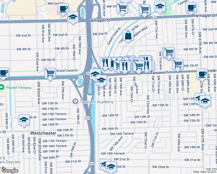 map of restaurants, bars, coffee shops, grocery stores, and more near 934 Southwest 75th Avenue in Miami