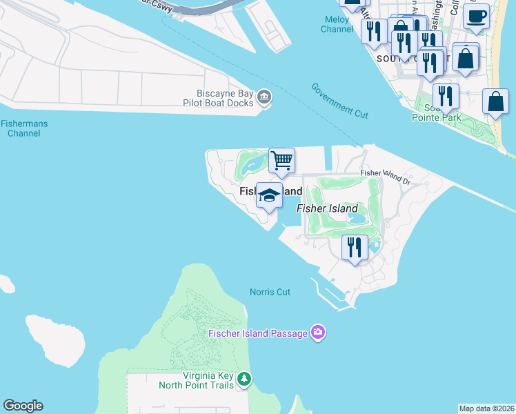 map of restaurants, bars, coffee shops, grocery stores, and more near 13 Fisher Island Drive in Miami Beach