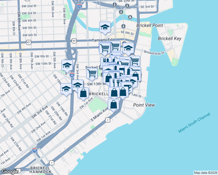 map of restaurants, bars, coffee shops, grocery stores, and more near in Miami