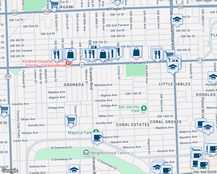 map of restaurants, bars, coffee shops, grocery stores, and more near 828 Mariana Avenue in Coral Gables