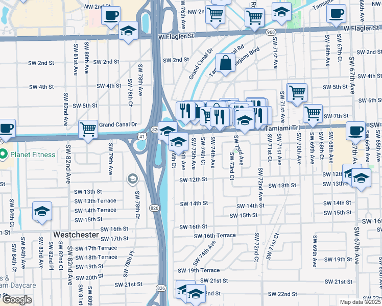 map of restaurants, bars, coffee shops, grocery stores, and more near 934 Southwest 75th Avenue in Miami