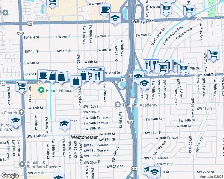 map of restaurants, bars, coffee shops, grocery stores, and more near 930 Southwest 78th Place in Miami