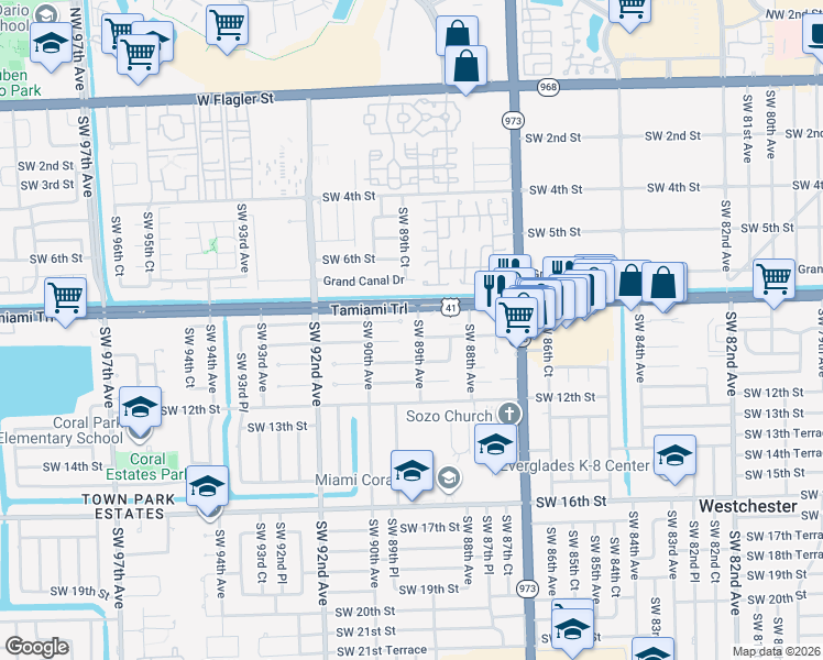 map of restaurants, bars, coffee shops, grocery stores, and more near 842 Southwest 89th Avenue in Miami