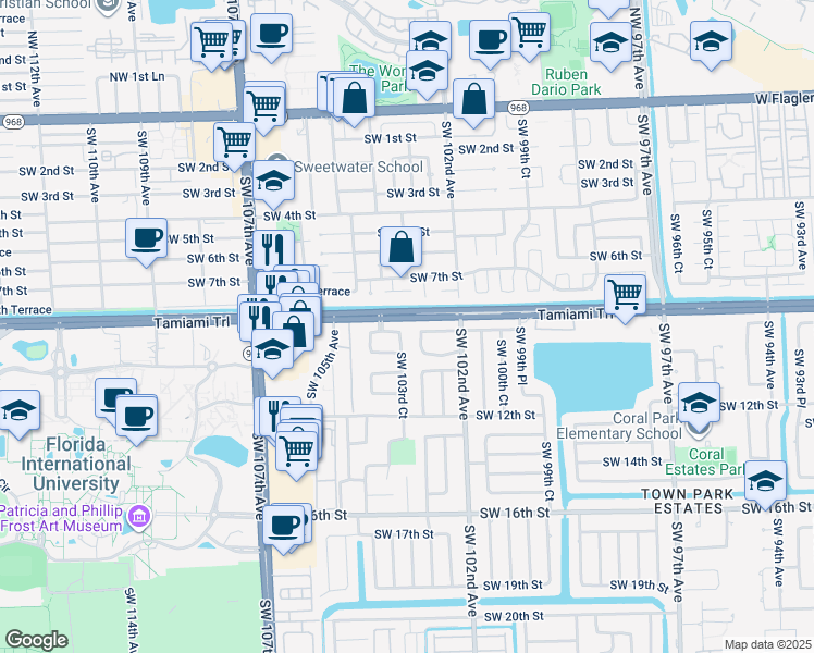 map of restaurants, bars, coffee shops, grocery stores, and more near 821 Southwest 103rd Court in Miami