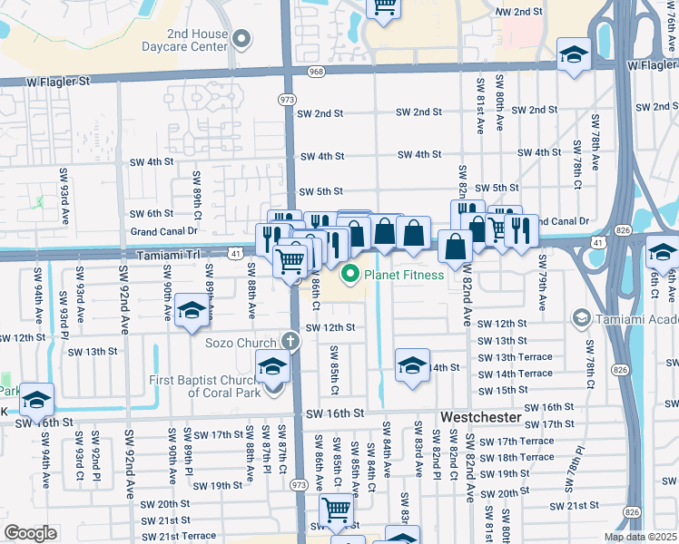 map of restaurants, bars, coffee shops, grocery stores, and more near 8506 Southwest 8th Street in Miami
