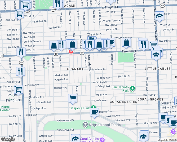 map of restaurants, bars, coffee shops, grocery stores, and more near 1100 Granada Boulevard in Coral Gables