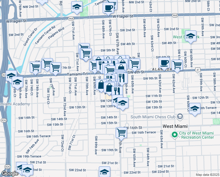 map of restaurants, bars, coffee shops, grocery stores, and more near 1020 Southwest 67th Avenue in Miami