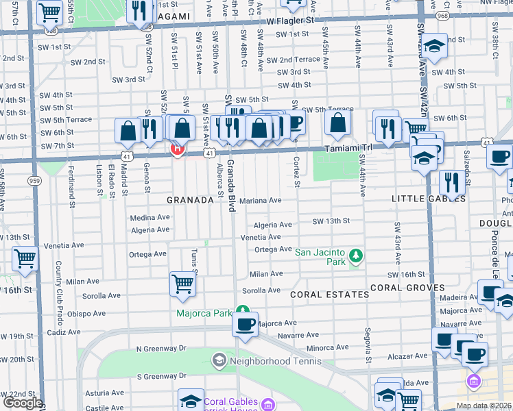 map of restaurants, bars, coffee shops, grocery stores, and more near 916 Mariana Avenue in Coral Gables