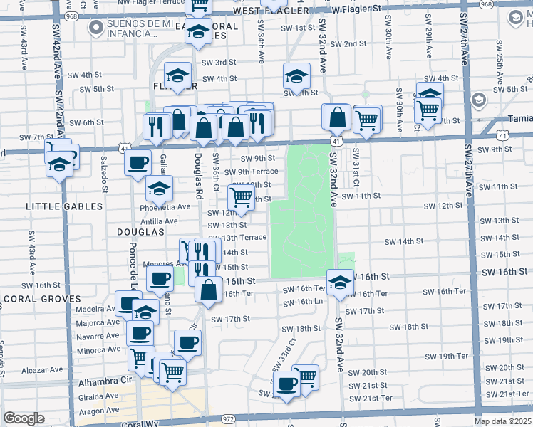 map of restaurants, bars, coffee shops, grocery stores, and more near 3434 Southwest 12th Street in Miami