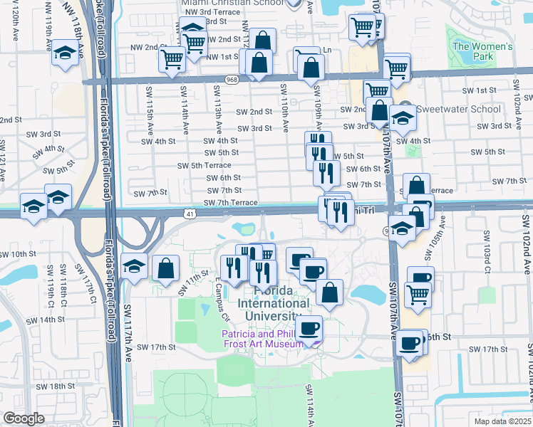 map of restaurants, bars, coffee shops, grocery stores, and more near 11198 Southwest 8th Street in Miami