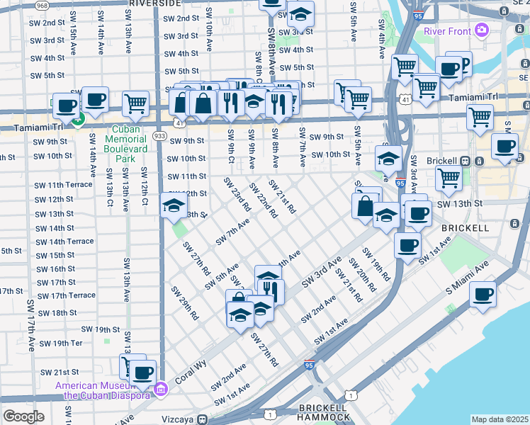 map of restaurants, bars, coffee shops, grocery stores, and more near 2205 Southwest 7th Avenue in Miami