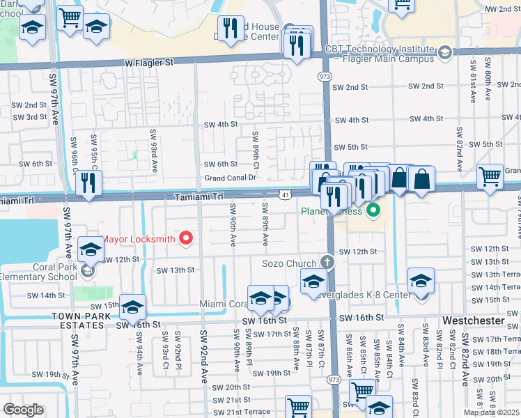 map of restaurants, bars, coffee shops, grocery stores, and more near 842 Southwest 89th Avenue in Miami