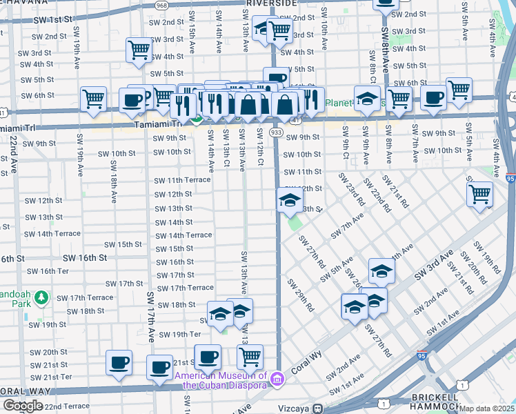 map of restaurants, bars, coffee shops, grocery stores, and more near 1250 Southwest 12th Court in Miami