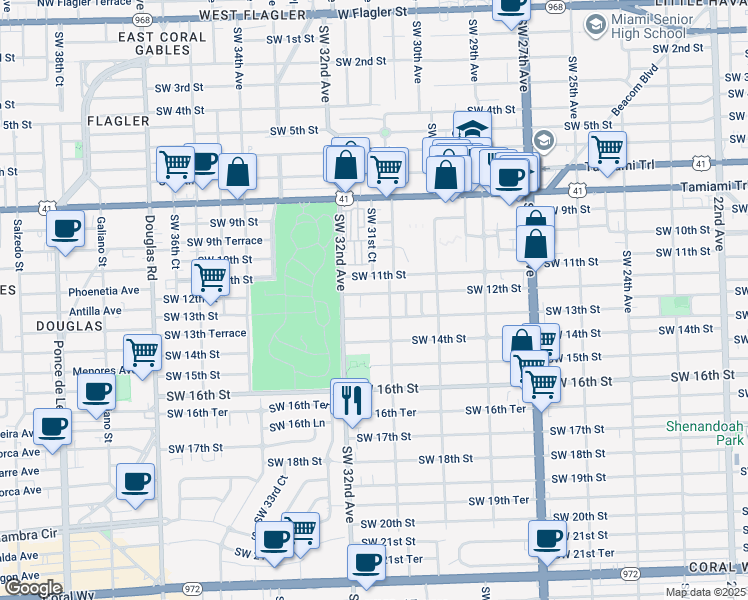 map of restaurants, bars, coffee shops, grocery stores, and more near 3124 Southwest 12th Street in Miami