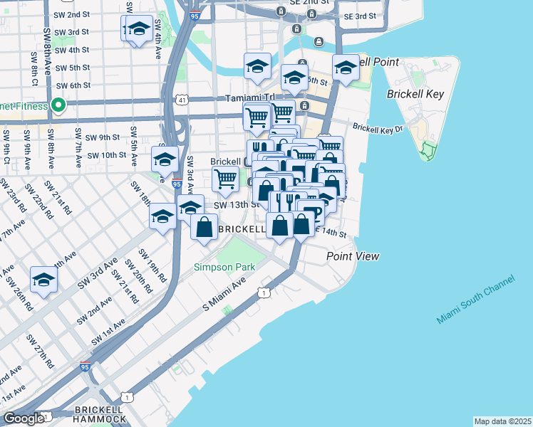 map of restaurants, bars, coffee shops, grocery stores, and more near 60 Southwest 13th Street in Miami