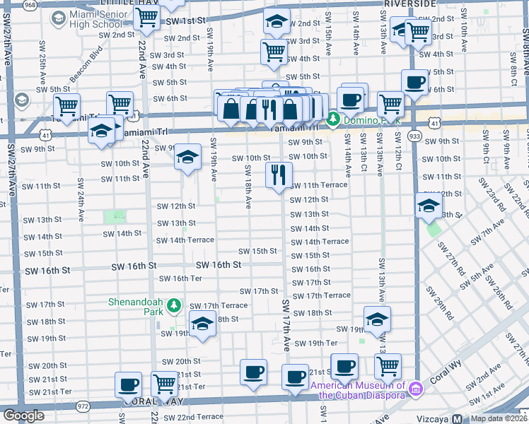 map of restaurants, bars, coffee shops, grocery stores, and more near 1721 Southwest 13th Street in Miami
