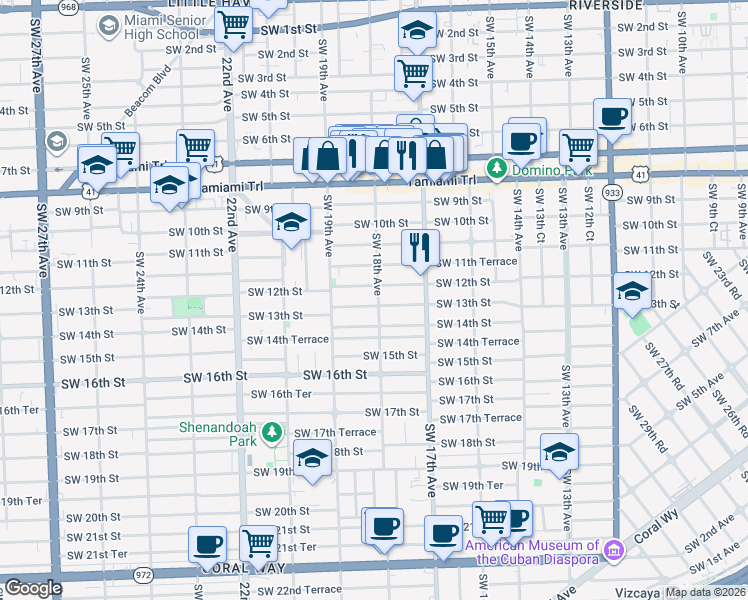 map of restaurants, bars, coffee shops, grocery stores, and more near 1250 Southwest 18th Avenue in Miami