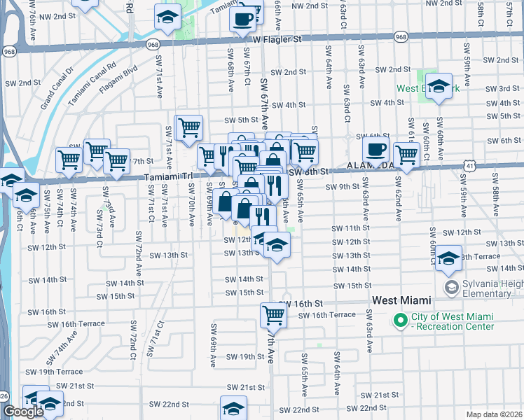map of restaurants, bars, coffee shops, grocery stores, and more near 1000 Southwest 67th Avenue in West Miami