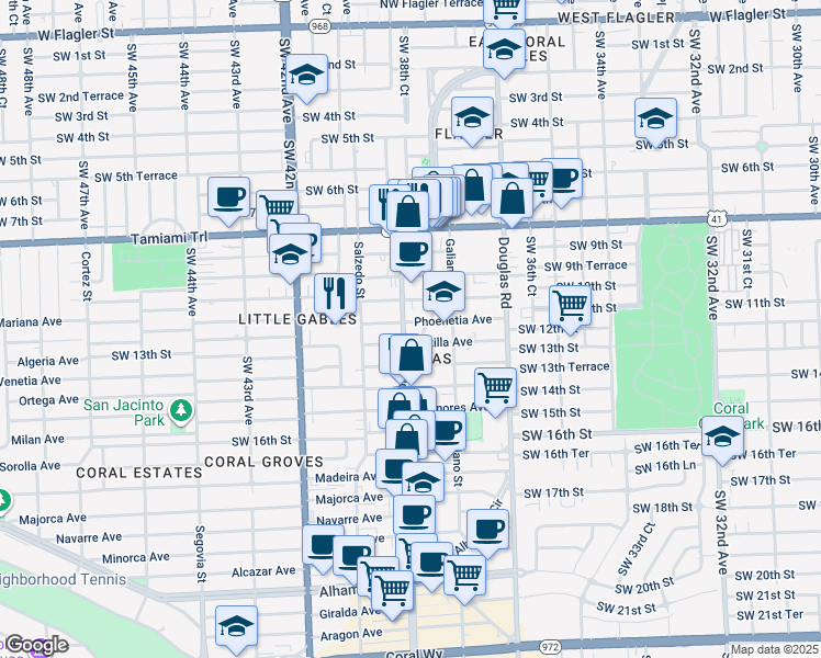 map of restaurants, bars, coffee shops, grocery stores, and more near 1107 Ponce de Leon Boulevard in Coral Gables