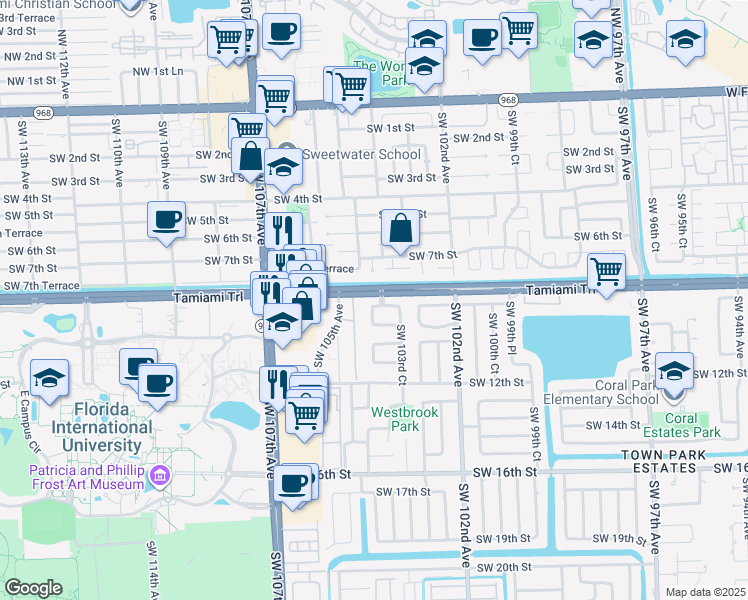 map of restaurants, bars, coffee shops, grocery stores, and more near 10377 Southwest 8th Street in Miami