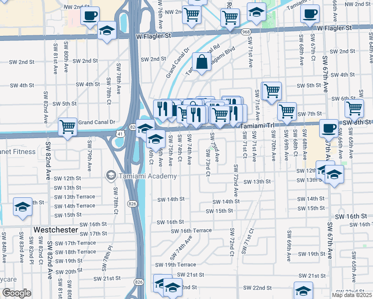 map of restaurants, bars, coffee shops, grocery stores, and more near 940 Southwest 74th Avenue in Miami