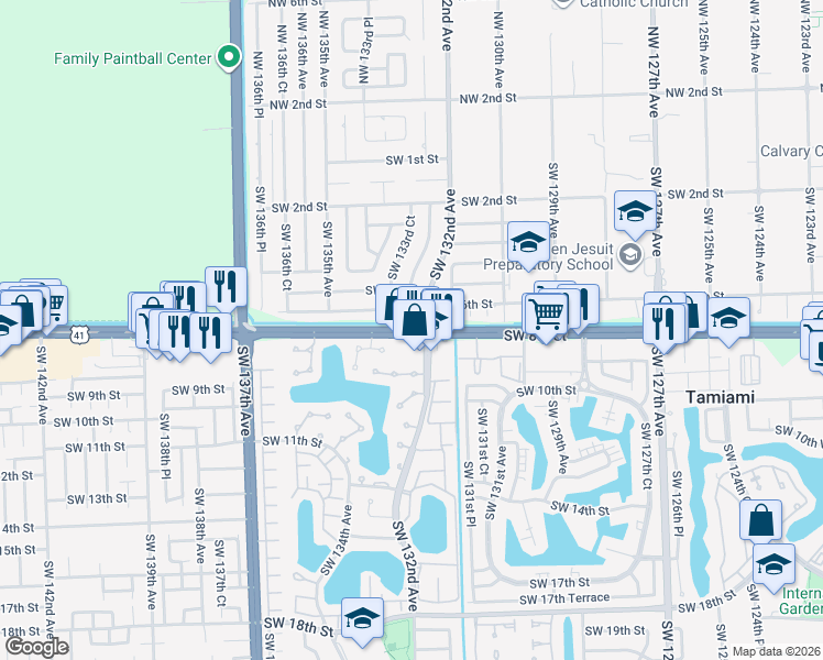 map of restaurants, bars, coffee shops, grocery stores, and more near 13255 Tamiami Trail in Miami