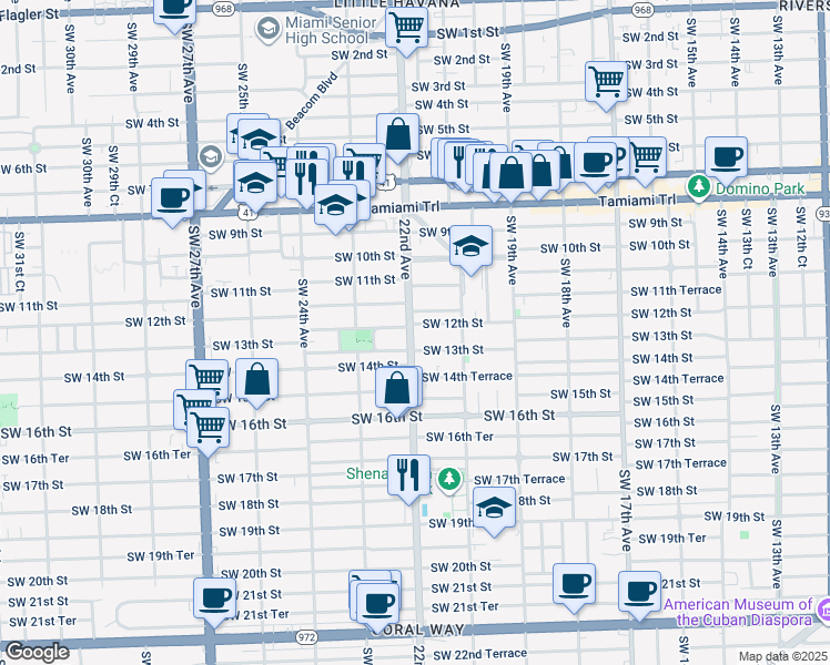 map of restaurants, bars, coffee shops, grocery stores, and more near 1203 Southwest 22nd Avenue in Miami