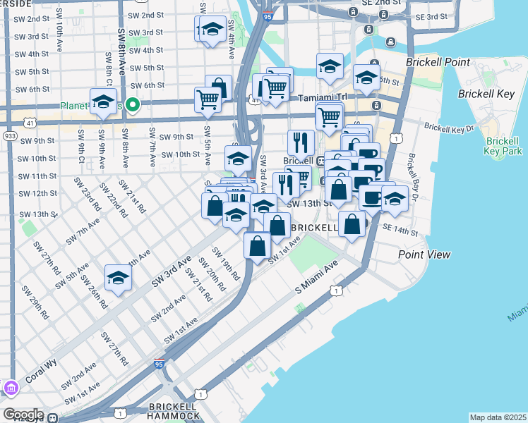 map of restaurants, bars, coffee shops, grocery stores, and more near 298 Southwest 15th Road in Miami