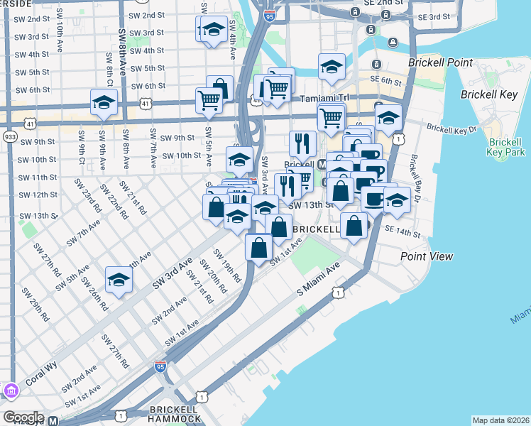map of restaurants, bars, coffee shops, grocery stores, and more near 298 Southwest 15th Road in Miami