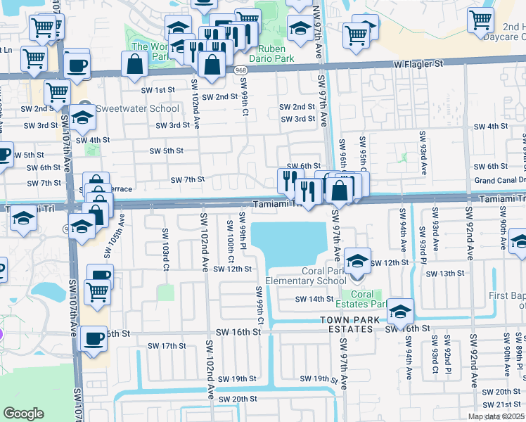 map of restaurants, bars, coffee shops, grocery stores, and more near 9950 Southwest 8th Street in Miami