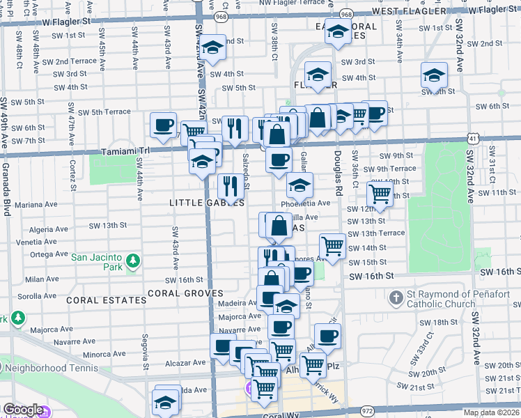 map of restaurants, bars, coffee shops, grocery stores, and more near 234 Phoenetia Avenue in Coral Gables