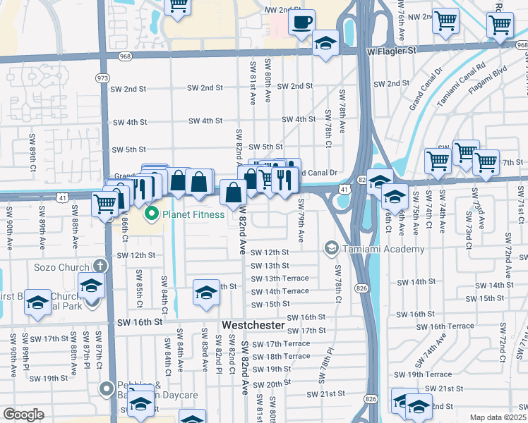map of restaurants, bars, coffee shops, grocery stores, and more near 8033 Southwest 9th Terrace in Miami