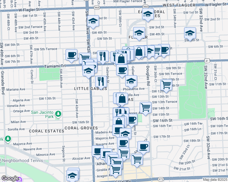 map of restaurants, bars, coffee shops, grocery stores, and more near 218 Phoenetia Avenue in Coral Gables