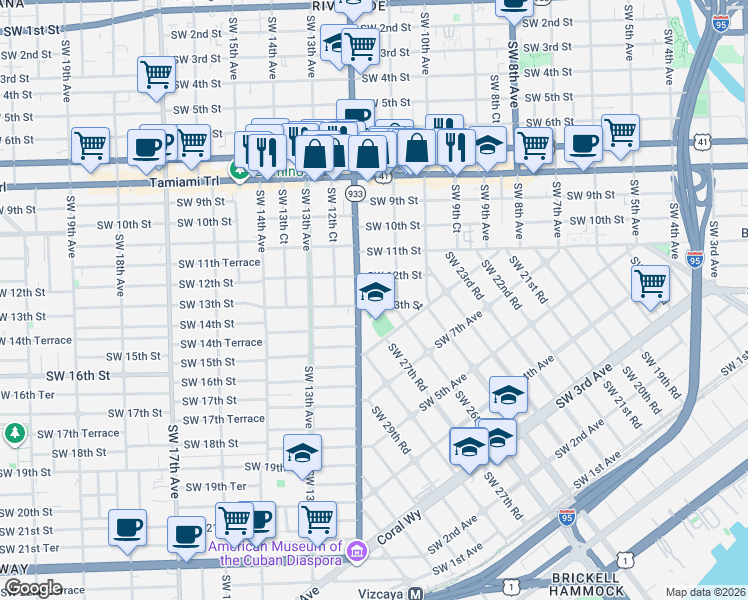 map of restaurants, bars, coffee shops, grocery stores, and more near 1169 Southwest 13th Street in Miami