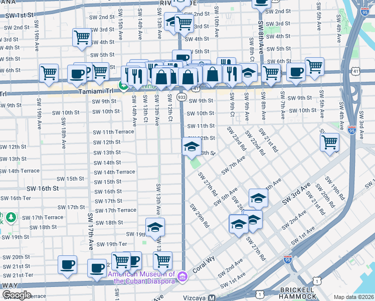 map of restaurants, bars, coffee shops, grocery stores, and more near 1169 Southwest 13th Street in Miami