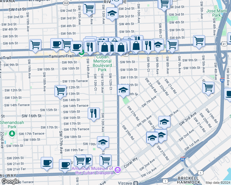 map of restaurants, bars, coffee shops, grocery stores, and more near 1169 Southwest 13th Street in Miami