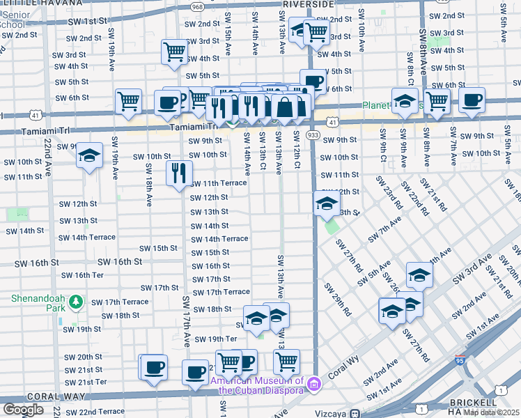 map of restaurants, bars, coffee shops, grocery stores, and more near 1313 Southwest 13th Street in Miami