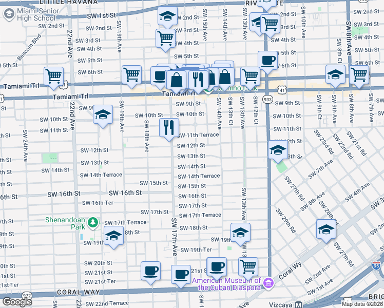 map of restaurants, bars, coffee shops, grocery stores, and more near in Miami