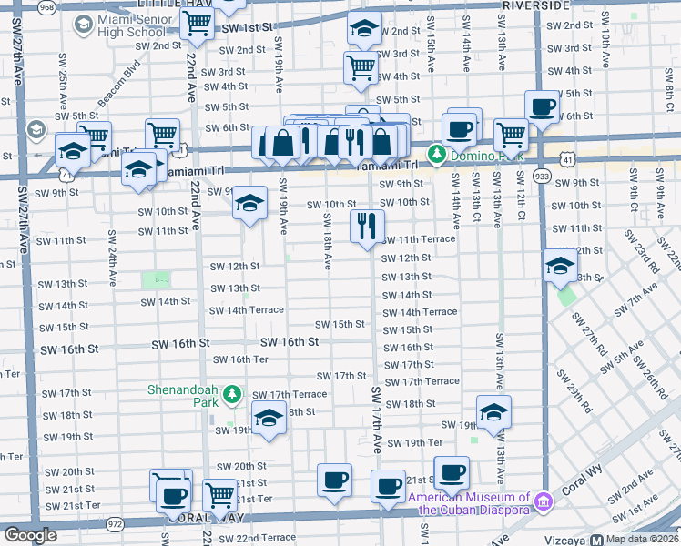 map of restaurants, bars, coffee shops, grocery stores, and more near 1250 Southwest 18th Avenue in Miami