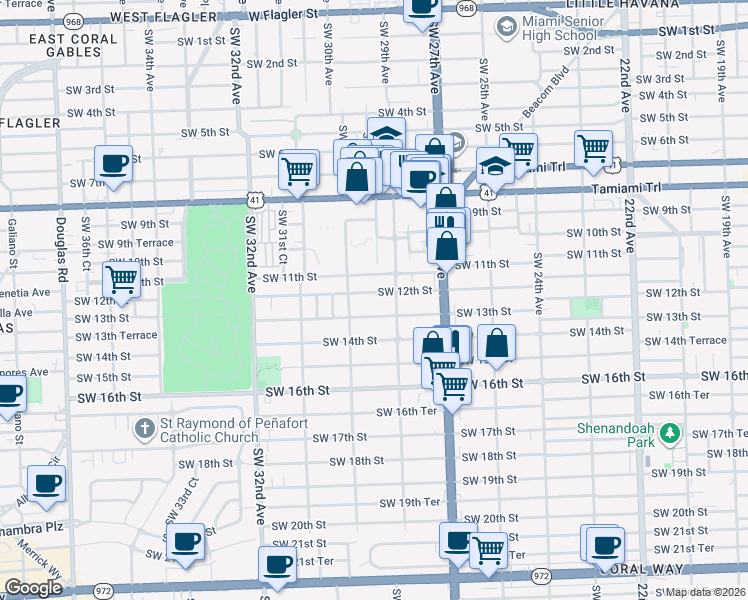 map of restaurants, bars, coffee shops, grocery stores, and more near 1202 Southwest 29th Avenue in Miami